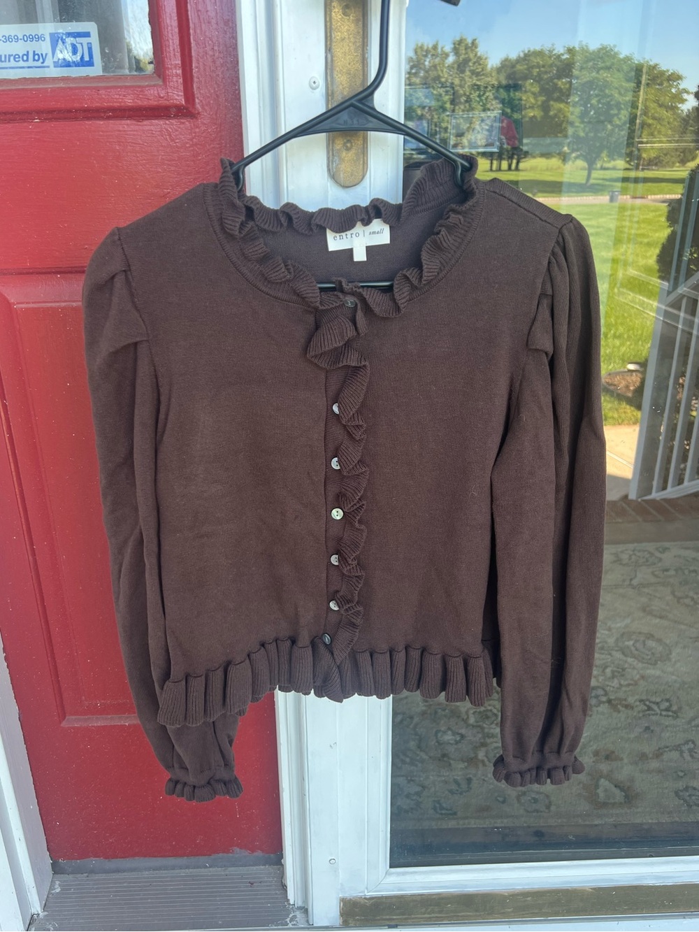 Entro Brown Ruffle Trim Cardigan Sweater